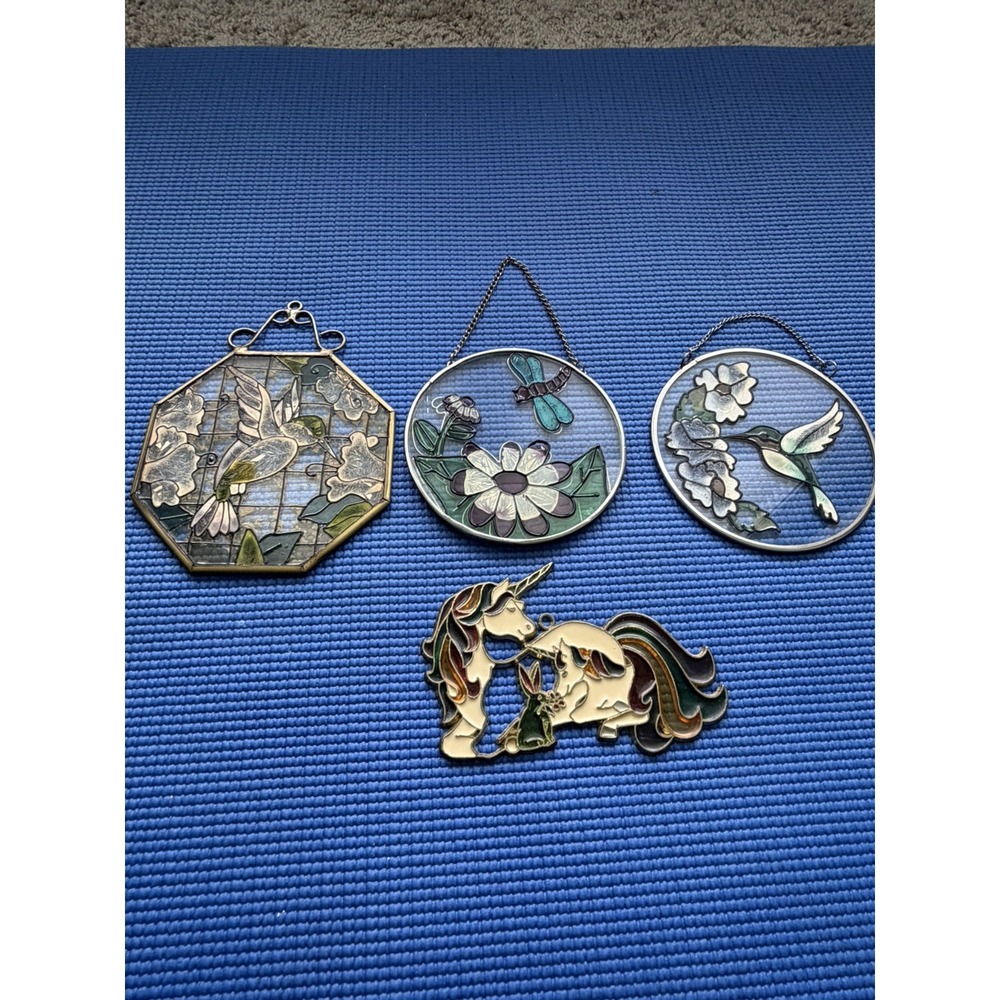 Set of 4 Stained Glass Hanging Panels – Butterfly & Hummingbird & unicorn